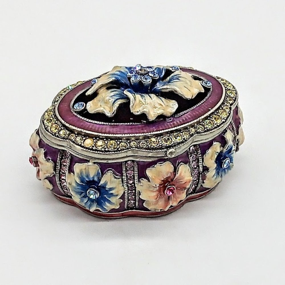 Floral Scalloped Enamel Jeweled Hinged Pewter Trinket Box